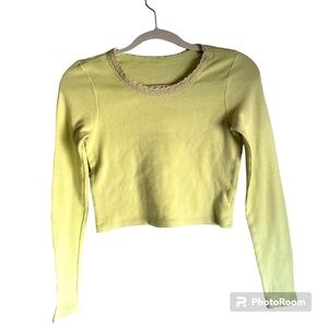 Yellow waffle American Eagle lace trim top
